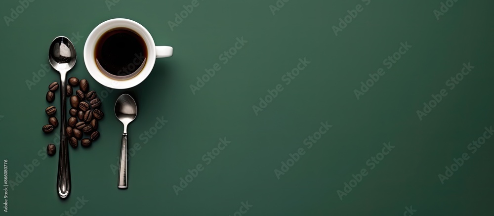 Aufkleber Coffee cup, spoon, and coffee bean on a green backdrop, with space for adding more images. Copy space image. Place for adding text and design