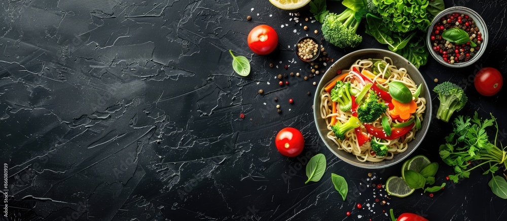 Poster A top-down image of noodles with assorted vegetables on a black background, displaying free copy space.