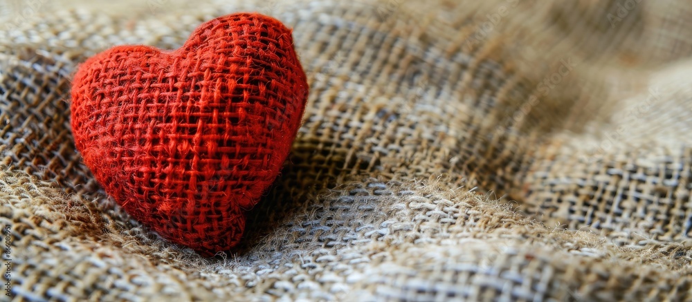 Poster A red heart-shaped object is shown on a piece of fabric with a lot of space around it for additional content in the image.