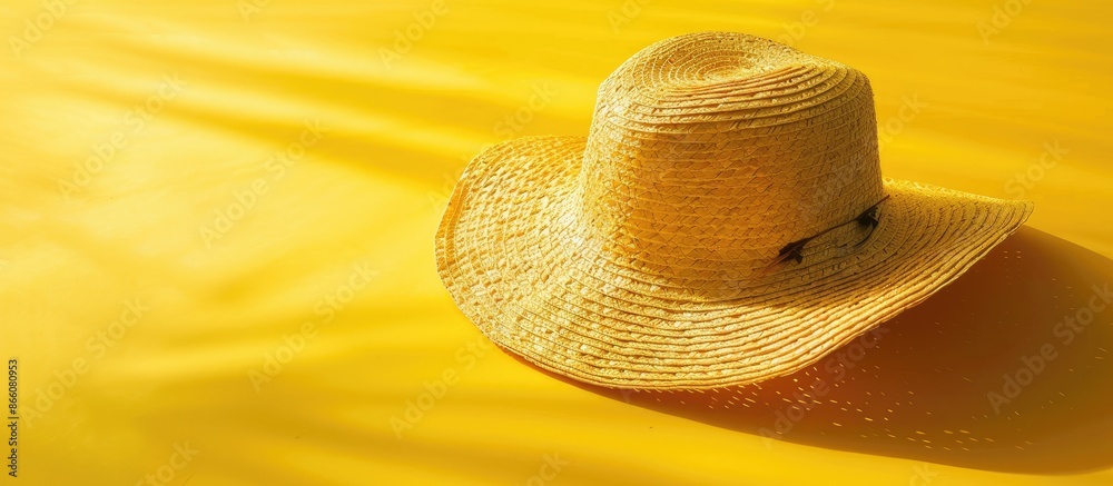 Poster Straw hat on a sunny yellow backdrop with a matching mat, ideal for showcasing text or images in a summer accessories theme. Copy space image. Place for adding text and design