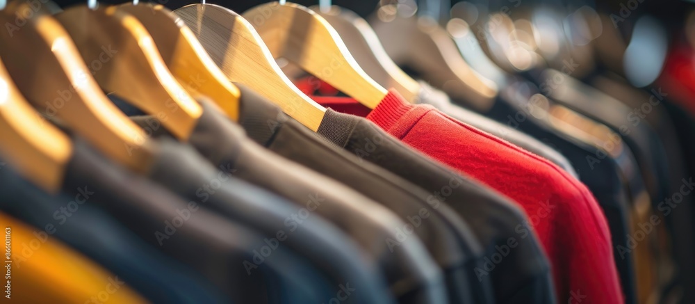 Poster close-up image of clothes on hangers in wardrobe with copy space image.