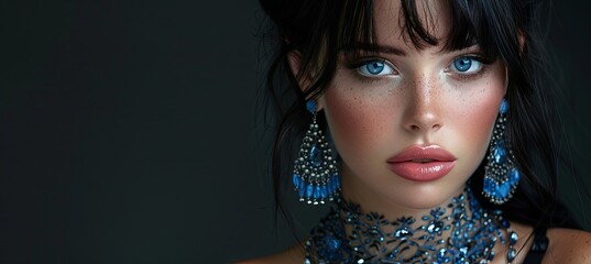 Fashionable woman with a stylish fringe hairstyle dyed black, accessorized with blue jewelry including crystals necklace and earrings