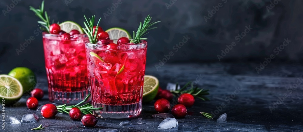 Poster Two glasses of a refreshing red cranberry and lime cocktail with rosemary and ice on a dark background with copy space image.