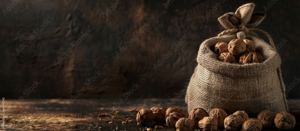 Aufkleber Dark and moody shot featuring a sack of walnuts with space for adding text or images. Copy space image. Place for adding text and design