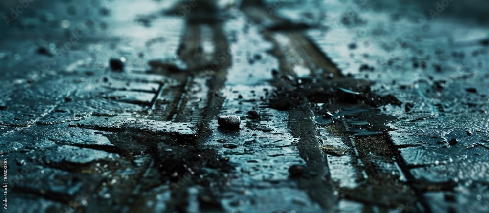 Aufkleber A black tire track is visible on the grime-covered concrete surface, leaving a trail of sudden braking. (104 characters, including spaces). Copy space image. Place for adding text and design