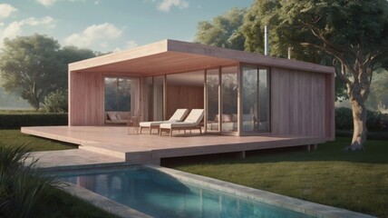 Obraz premium A unique wooden house in a soft, cloud-like setting, rendered in soft digital paintings