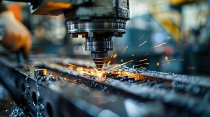 A detailed shot of a worker using a specialized tool or machine in a manufacturing facility, highlighting the precision and skill involved in the production process.