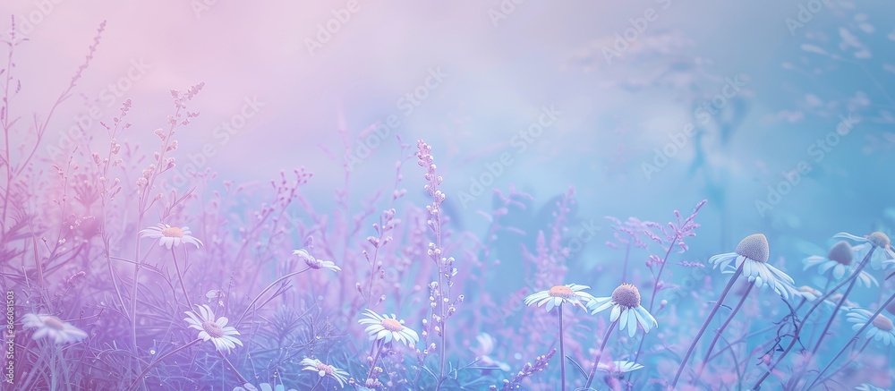 Aufkleber a copy space image with violet and light blue tones featuring chamomile and daisies on the left side