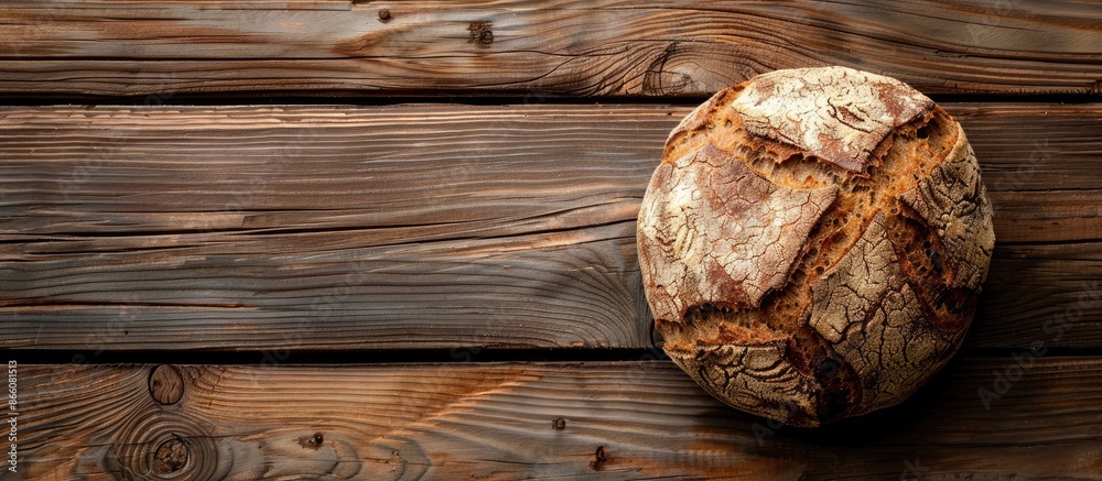 Poster a warm, freshly baked round of rye bread placed on a wooden surface with ample copy space image.