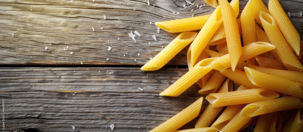 Poster close-up photo of vibrant uncooked penne pasta on a wooden table creates a textured italian food bac