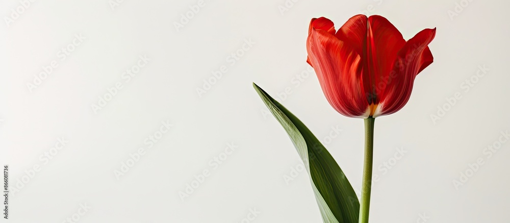 Aufkleber a single vibrant red tulip on a white backdrop with copy space, ideal for celebrations and home deco