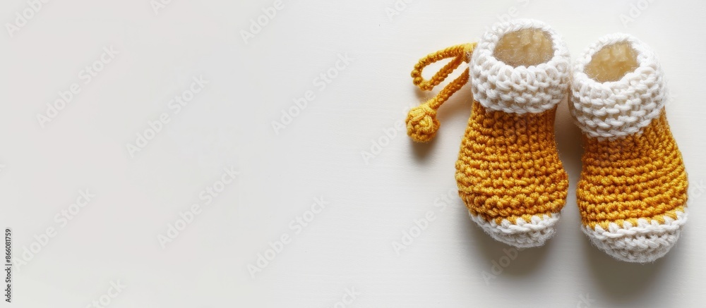Aufkleber Knitted baby booties displayed on a white background with a banner indicating 'copy space image.' Handcrafted with crochet techniques.