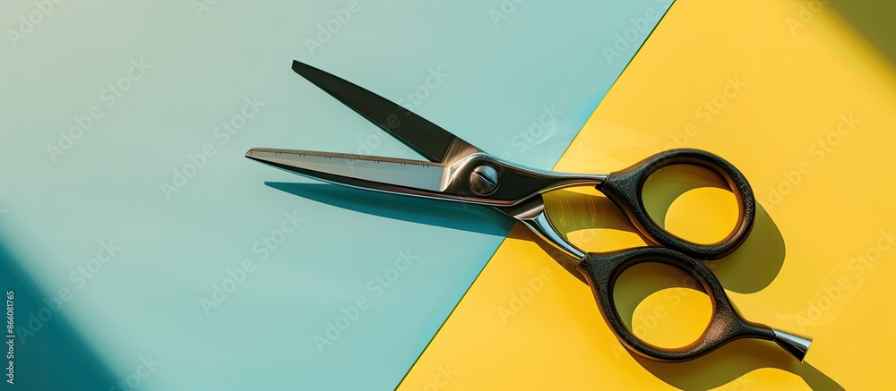 Poster Stainless steel scissors with a black handle resting on a bright table with a blank space for an image. Copy space image. Place for adding text and design