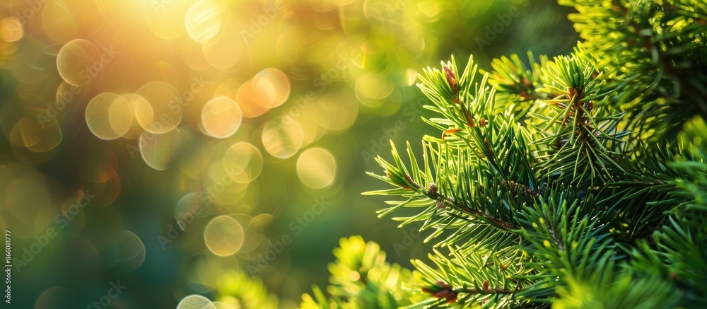 Leinwandbilder capture a close-up view of fresh green coniferous tree shoots basking in the sunlight of a summery d