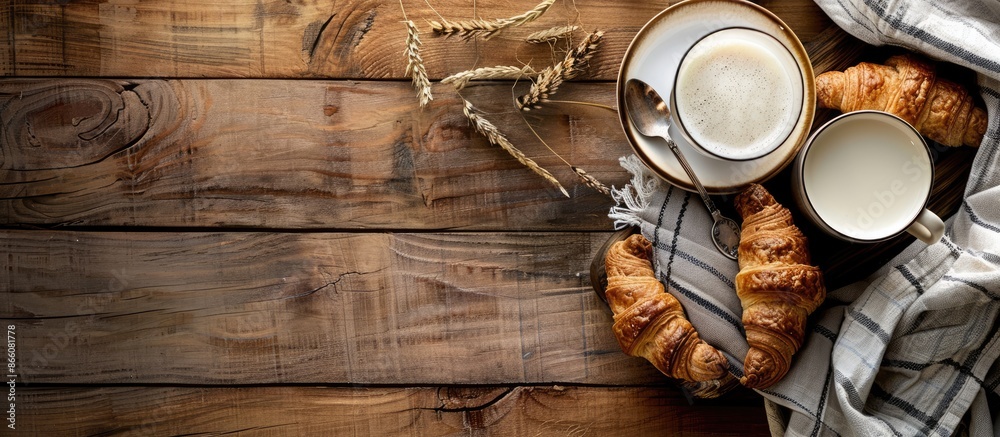 Poster Rustic style breakfast featuring croissants and coffee with milk on a wooden table in a close-up copy space image.