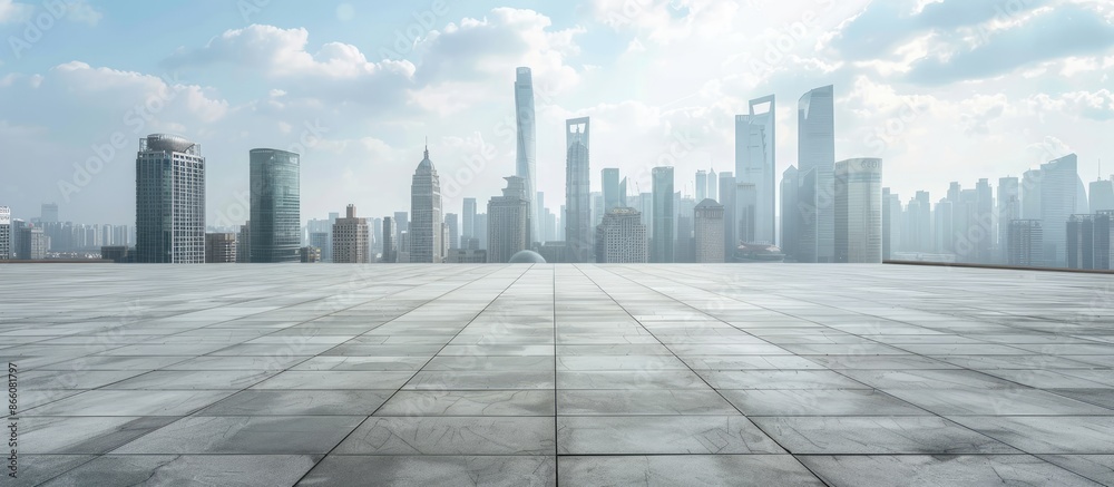 Aufkleber empty concrete square floor with a panoramic city skyline and buildings in the background, suitable 