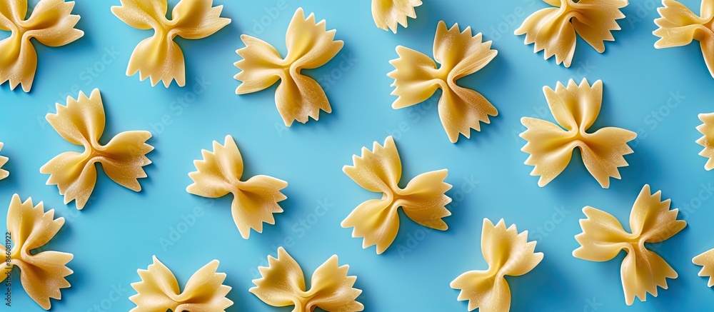 Poster top view of uncooked bowtie pasta with room for text or other elements on a blue backdrop, showcasin