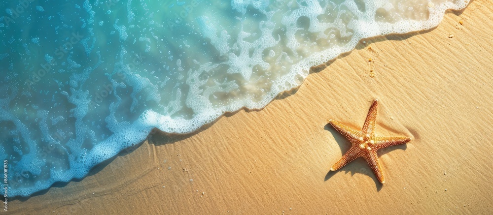 Fototapete Top view of a starfish on a sandy tropical beach with space for text in the image. Copy space image. Place for adding text and design