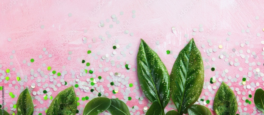 Poster easter concept with bunny ears made of green leaves on a glittery pink and white background in a fla