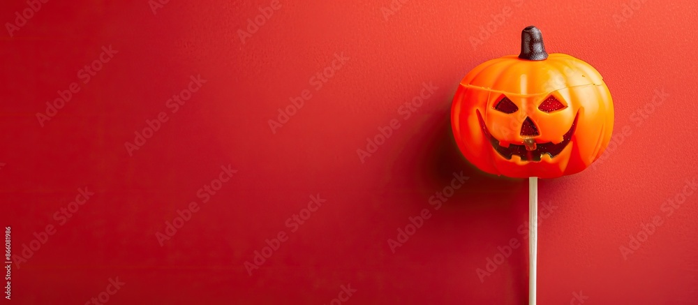 Poster a pumpkin-shaped wooden skewer for halloween displayed on a red background with a copy space image.