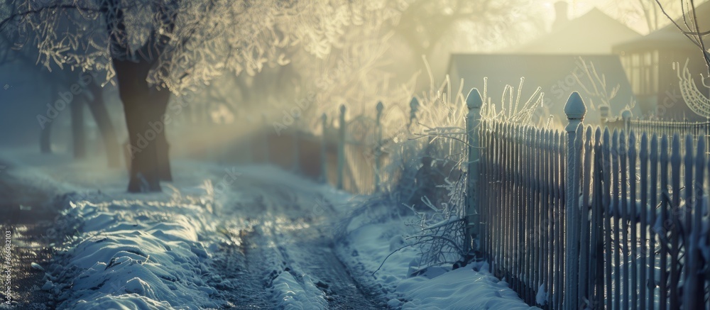 Sticker winter street with a vintage fence covered in frost in a haze, ideal for copy space image.