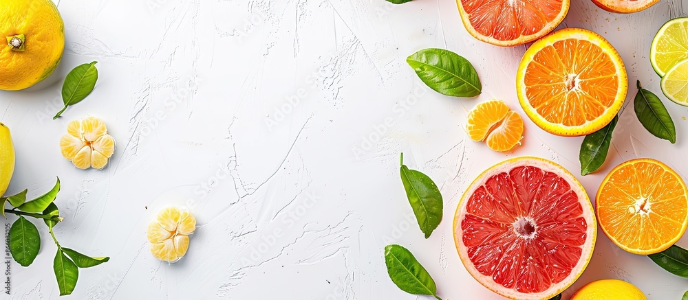 Aufkleber Fresh and vibrant citrus fruits like grapefruit, orange, tangerine, and lemon creatively displayed on a white background with copy space image in a flat lay style viewed from the top.