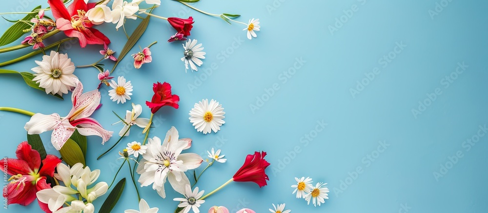 Poster pretty flowers set against a backdrop of blue paper with ample copy space image.