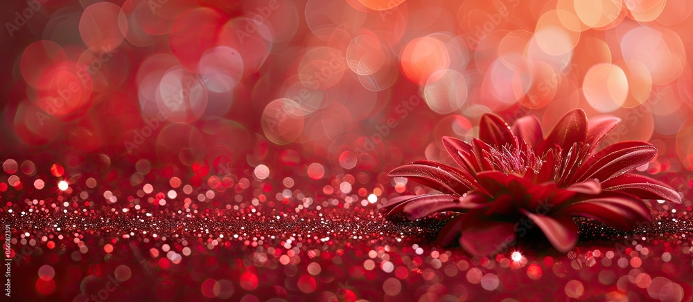 Fototapete A charming floral ornament on a blurry red glitter paper backdrop with space for your text or image. Copy space image. Place for adding text and design