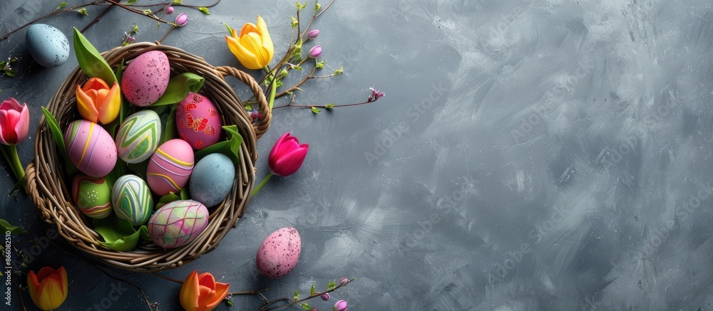 Leinwandbilder colorful easter eggs and tulips in a basket on a gray background seen from above, with space for tex