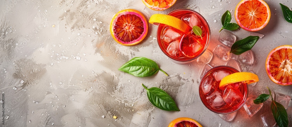 Aufkleber An overhead flat lay image of Negroni cocktails featuring blood oranges, with space for text. Copy space image. Place for adding text and design