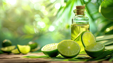 Lime Slice Extract Bottle on Exotic Fruit Background, Tropical Refreshment