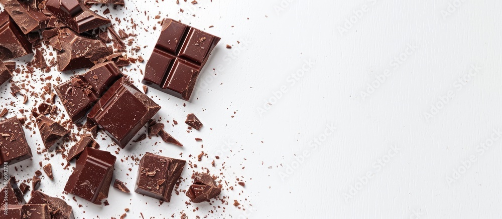 Leinwandbilder White background adorned with delectable chocolate chunks, allowing for a design in the copy space image.