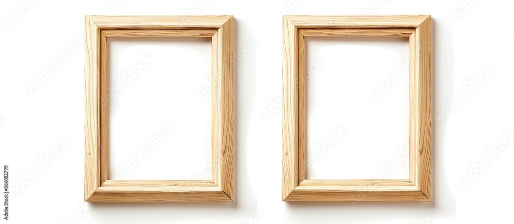 Poster pair of vertical beige wooden frames for art or photos, isolated on a white background with copy spa