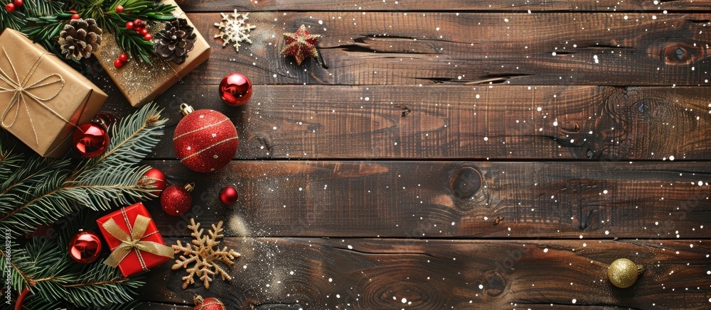 Aufkleber christmas greeting card with festive decorations on a wooden background, embodying the new year conc