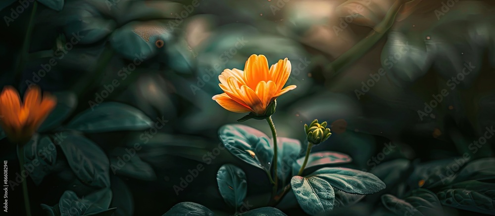 Poster a delicate flower blooming in a botanical garden, with a serene backdrop for a potential copy space 
