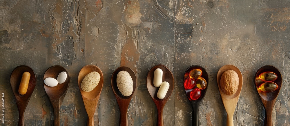 Aufkleber Nutritional supplements displayed in wooden spoons on a textured backdrop with a multivitamin complex for daily use, supporting immunity, with room for text or logos in the image. Copy space image