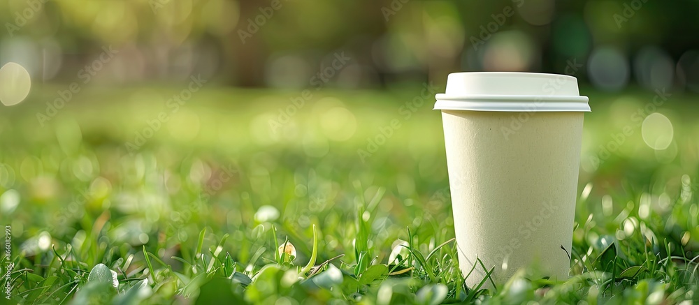 Poster Empty paper cup outdoors, with room for text in the image. Copy space image. Place for adding text and design