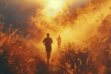 Fototapeta premium Two individuals running through a misty and sunlit field, creating an inspiring scene of fitness and nature at dawn.