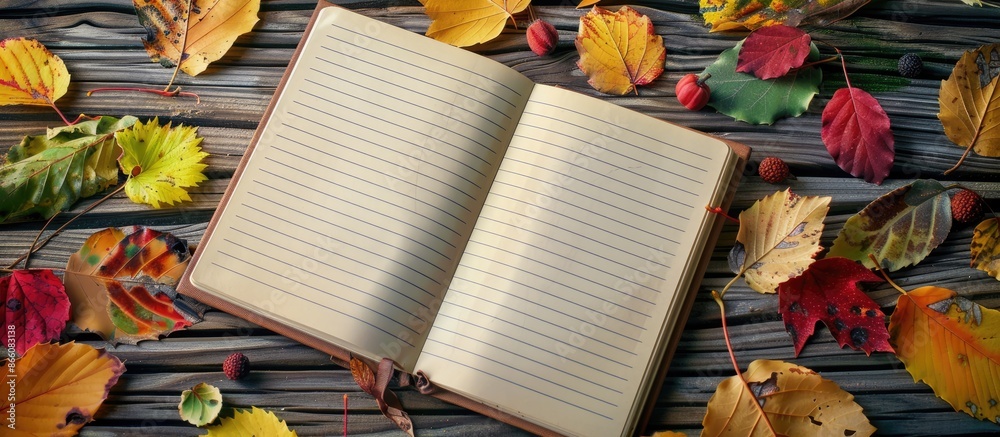 Aufkleber Notebook with autumn theme displayed in a copy space image.