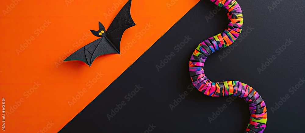 Poster colorful worms and a paper bat on an orange and black background with copy space image.
