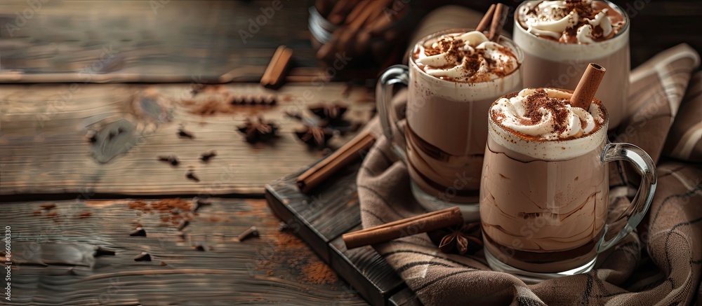 Aufkleber Chilled cocoa drink served with cold milk, perfect for cozying up with. Add a flair with a sprinkle of cinnamon before enjoying. Ideal for menus and promotional copy space image.