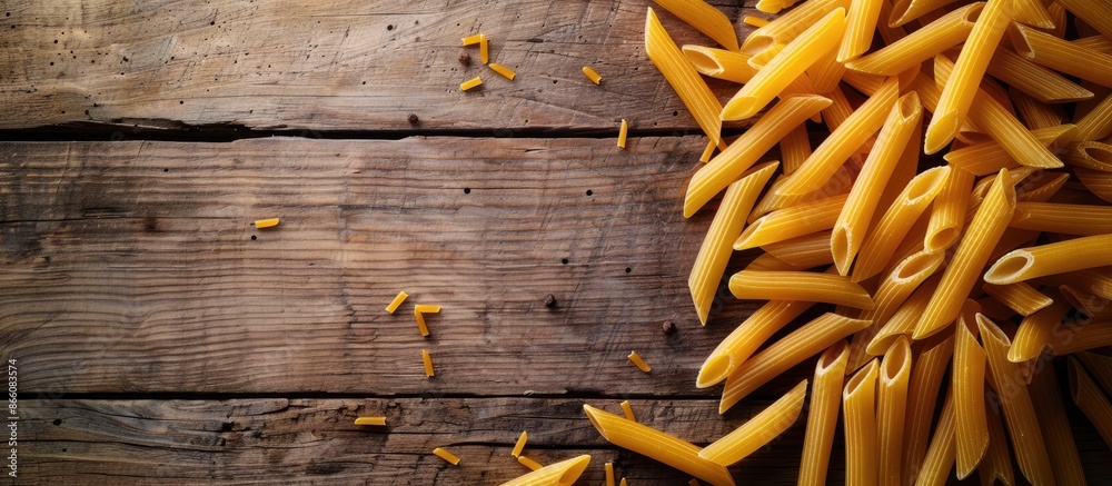 Poster close-up photo of vibrant uncooked penne pasta on a wooden table creates a textured italian food bac