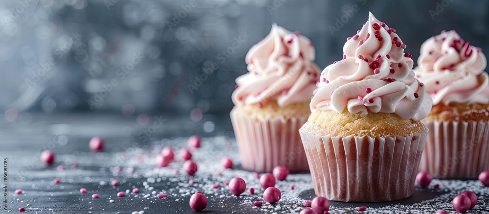 Poster cupcakes topped with pink and white frosting, perfect for a bakery advertisement with copy space ima