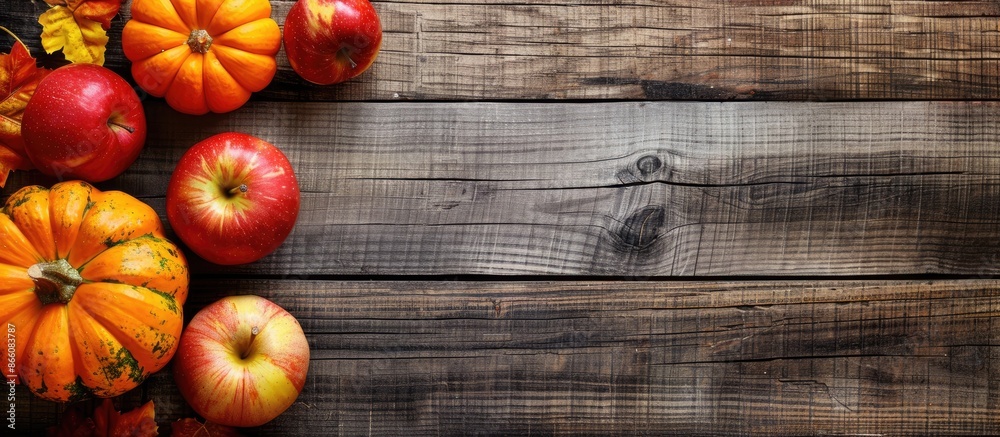 Poster Wooden background with a pumpkin and red and yellow apples setup for a perfect autumn copy space image.