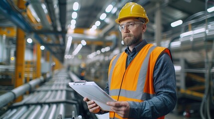 An industrial worker in a high-visibility vest and hard hat, inspecting a production line with a clipboard in hand, ensuring quality control.