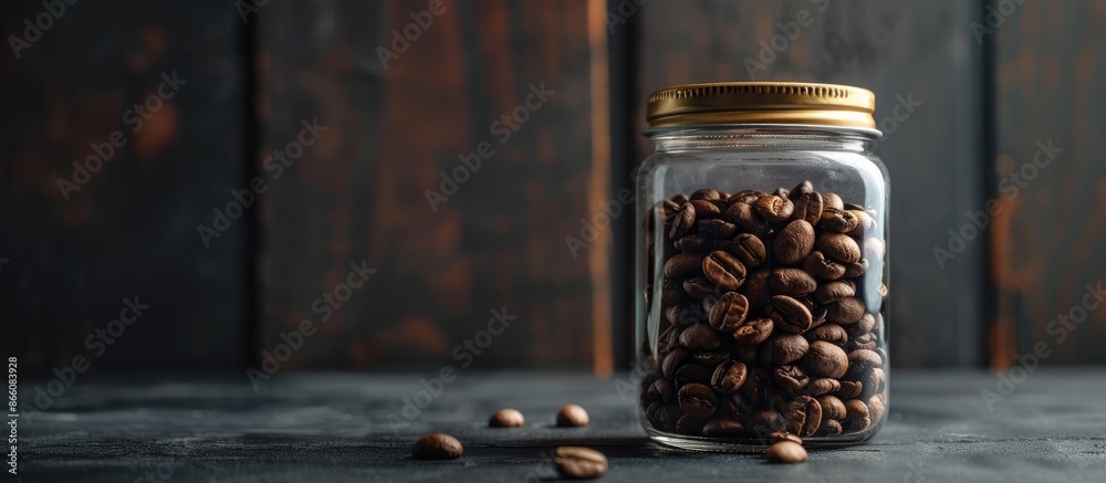 Poster a coffee bean is displayed on black glass in a jar, perfect for promoting your business through adve