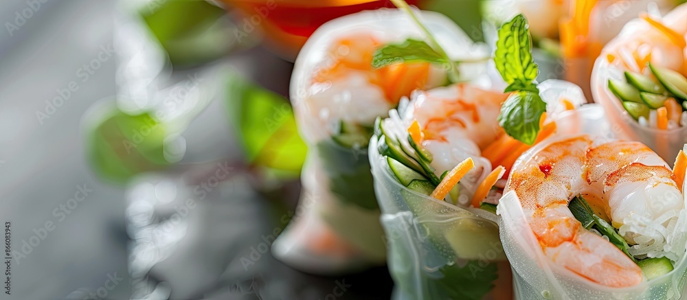 Poster delicious spring rolls featuring a combination of shrimp and avocado, with a stylish presentation sh