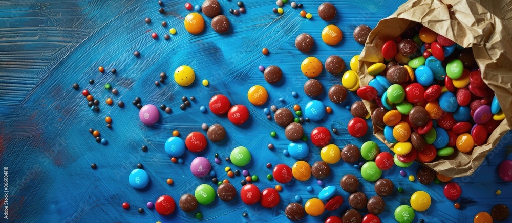 Poster Colorful candies spread on a table with a banner, creating a vibrant copy space image.