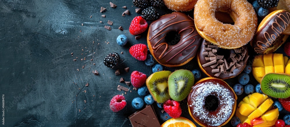 Poster Display of delectable fruit and chocolate donuts, with copy space image.