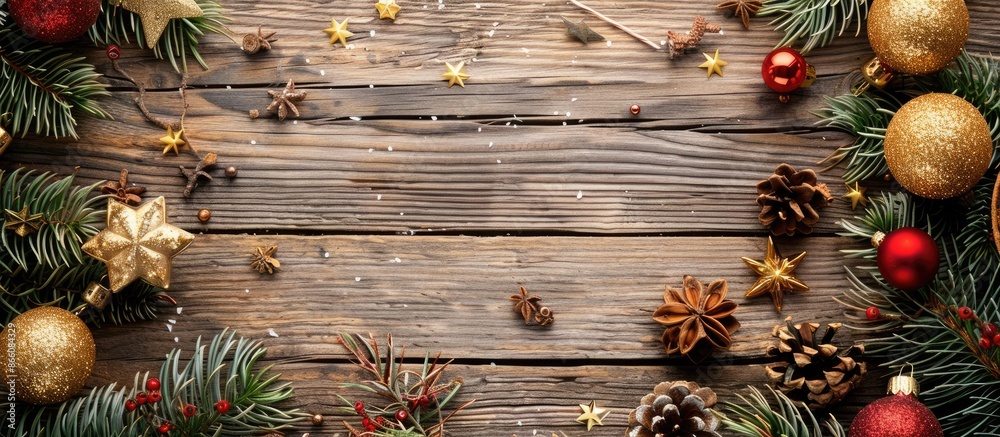 Leinwandbilder A Christmas card displaying festive decorations with a white empty space for your message set against a wooden backdrop. Copy space image. Place for adding text and design